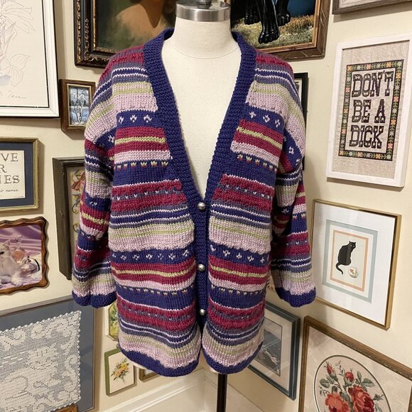 Vintage Hand Knit Purple Blue Gray Striped Cardigan Pearl Buttons Size XL - Picture 1 of 3